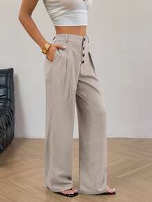SHEIN Unity 女士纯色腰部纽扣前开阔腿休闲裤褶裥阔腿裤奶油色阔腿裤女士阔腿裤正式阔腿裤高腰阔腿裤阔腿裤女士高腰裤女士夏季长裤 - 米色 - 查看 6