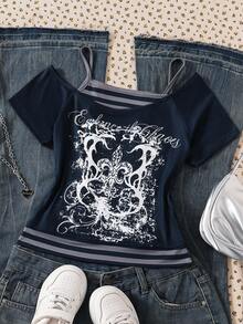 SHEIN Kaos Lengan Pendek Motif Huruf dan Garis-Garis untuk Remaja Perempuan - Navy Blue - View 1