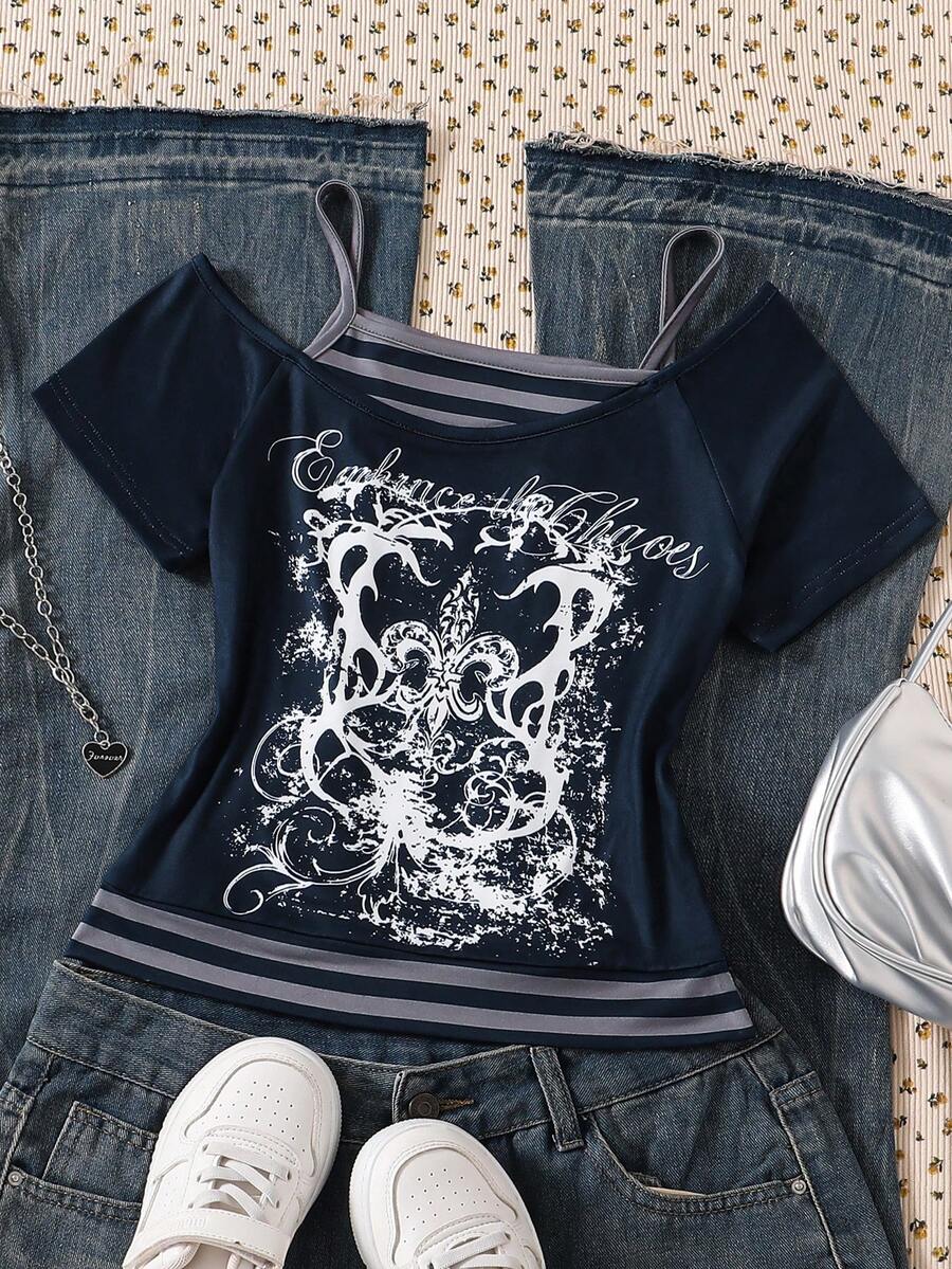 SHEIN Kaos Lengan Pendek Motif Huruf dan Garis-Garis untuk Remaja Perempuan - Navy Blue - View 1