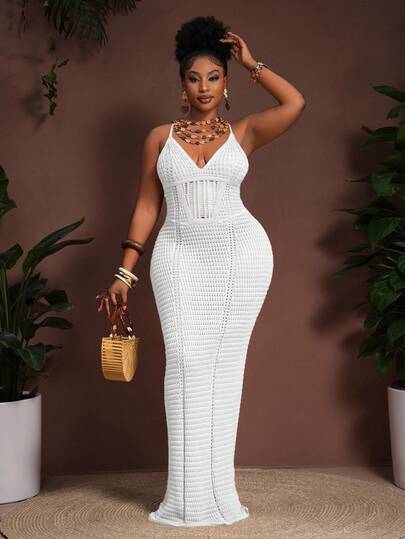 Slaydiva Đầm slip dệt kim eo khoét rỗng xuyên thấu màu kaki phong cách Bohemian mới mùa Xuân/Hè 2026, đầm maxi ôm sát màu nâu cỡ lớn dành cho nữ, đầm maxi dệt kim, đầm maxi móc, đầm maxi móc màu nâu, đầm maxi dệt kim màu nâu mùa Đông Thu