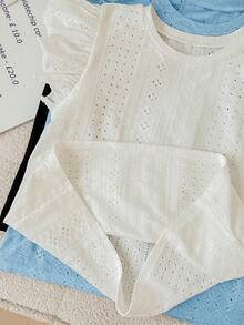 SHEIN LMoss Kids 3件套/少女套装/少女休闲提花针织纯色圆领短袖上衣 - 藍色 - 查看 4