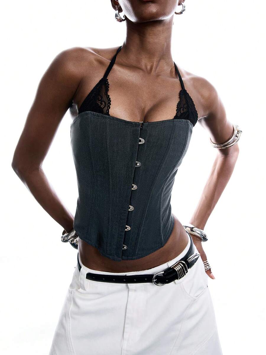LYSMO Women's Contrast Lace Front Button Halter Neck Camisole - Light Grey - View 1