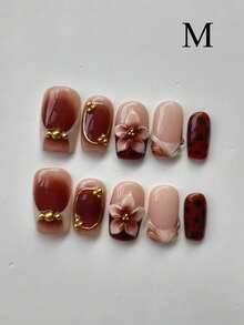 10 Pieces Y2K Gradient Amber Square Metal Texture Gilded Handmade French Manicure 3D Carved Wearable Press On Nails High End Versatile Daily Wear For Women Nail Art Supplies False Nails Home Salon Gift - Brown - View 13