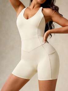Women Sports Jumpsuit Gym Cycling Workout Romper Tummy Control Bra-In One-Piece Activewear - Apricot - View 8