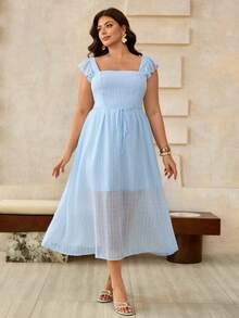 EMERY ROSE Plus Size Elegant & Comfortable Waist Cinching Dress, Square Neck Cap Sleeve Design, Suitable For Dates And Vacations - Blue - View 5