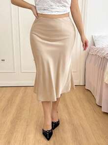 SHEIN EZwear Falda de satén negro de cintura alta, adecuada para fiestas y citas, primavera/verano - Albaricoque - Ver 5