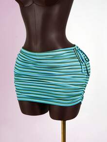 SaltGleam Women's Fashion Bodycon Drawstring Striped Blue-Green Mini Skirt, Suitable For Vacation, Daily Wear, Travel, Beach, Hot Spring, Sexy - Multicolor - View 3