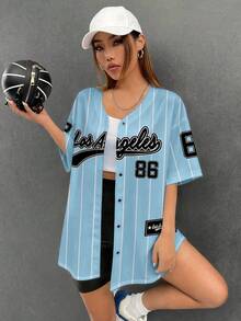 SHEIN EZwear Women Loose Open Front Short Sleeve Shirt Baseball Jacket, Suitable For Summer,Summer Top - Baby Blue - View 4