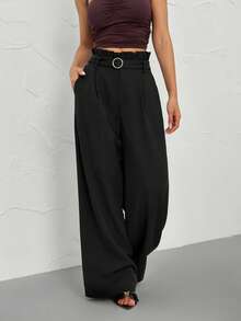 SHEIN PETITE Casual And Versatile Long Pants With Ruffle Details, New Arrival For Winter, High-Waisted, Slimming, Straight-Leg Women's Pants In Black. - Black - View 1