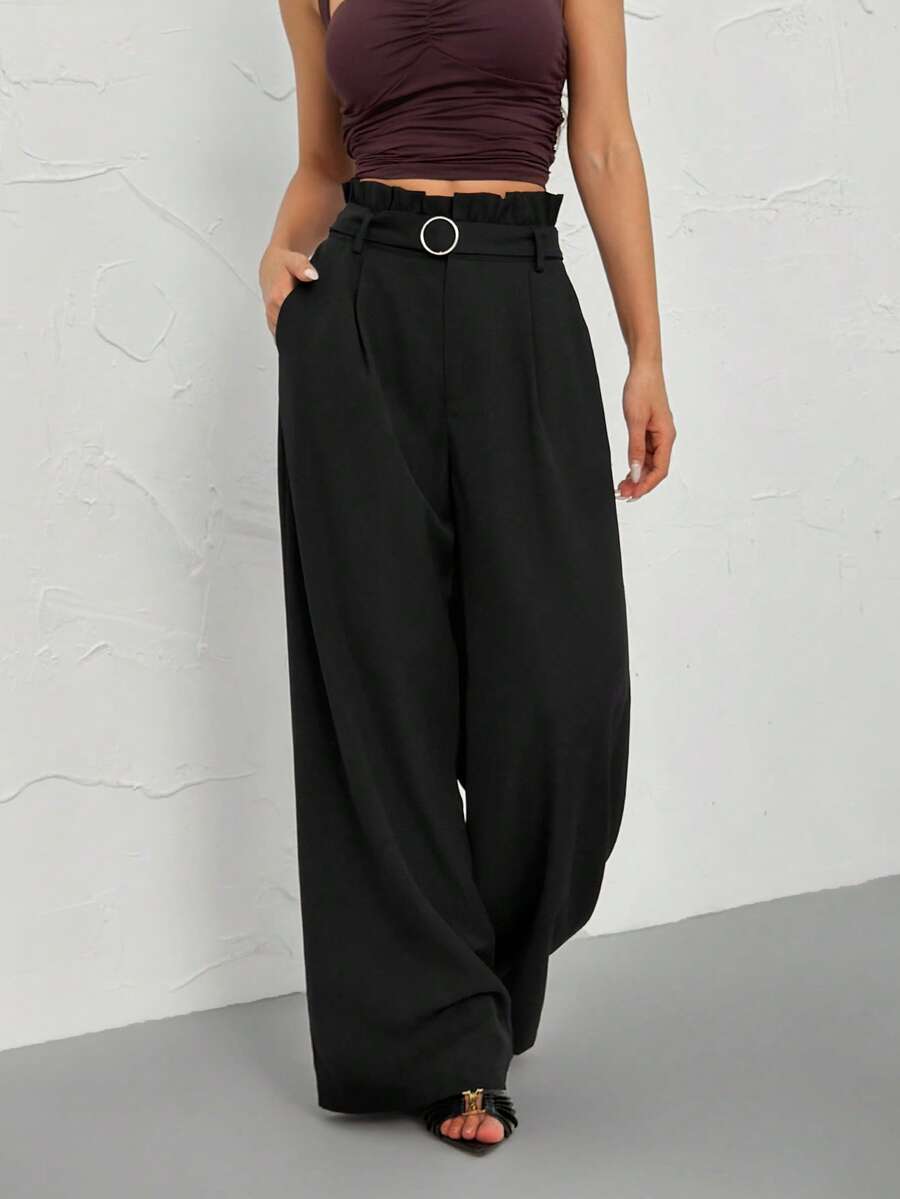 SHEIN PETITE Casual And Versatile Long Pants With Ruffle Details, New Arrival For Winter, High-Waisted, Slimming, Straight-Leg Women's Pants In Black. - Black - View 1