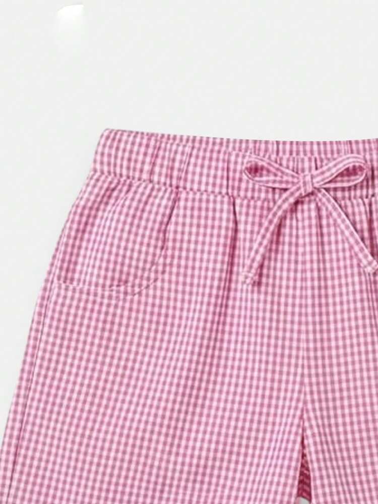 Girls Tropical Flower Print T-Shirt And Pink Gingham Checked Shorts Summer Co-Ord Set