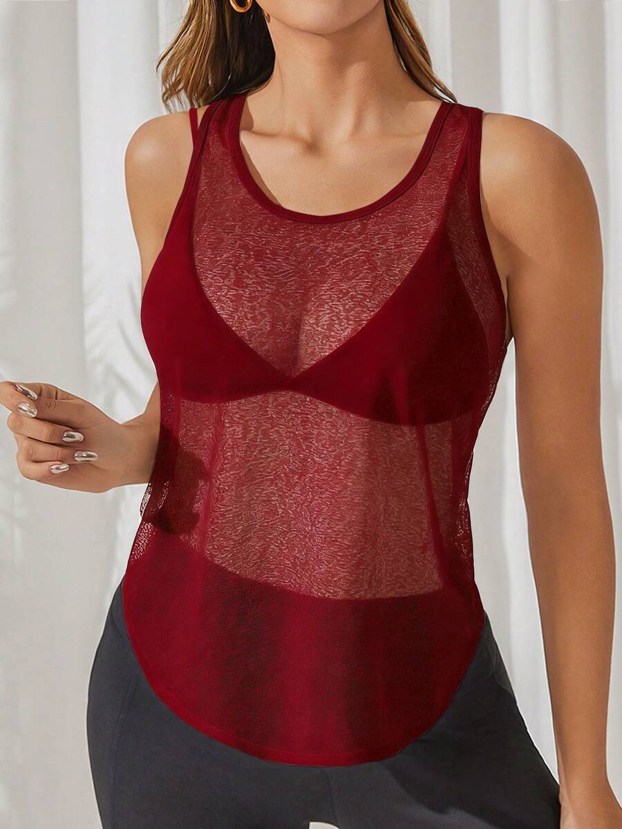 Gameset SHEIN Sport Women's Solid Color Sheer Fitness Sports Tank Top - Burgundy - View 1