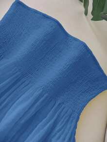 SHEIN Cosyjoi 大码不对称下摆无肩带白色休闲度假上衣，适合浪漫之旅和海滩度假 - 藍色 - 查看 3