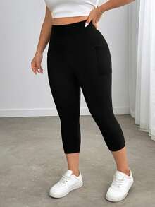 Enliva Plus Size Casual Solid Color High Waisted Side Pocket Capri Leggings Plus Size Pants For Women, For Apple And Rounded Body Shape - Black - View 3