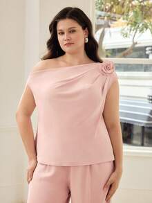 MOTF PREMIUM PLUS SIZE WOMEN SPRING/SUMMER STEREO FLORAL ASYMMETRICAL SHOULDER TOP AND PANTS SET - Dusty Pink - View 5