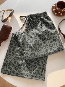 SHEIN EZwear 女款休閒灰色豹紋抽繩腰鬆垮長褲 - 灰色 - 查看 4