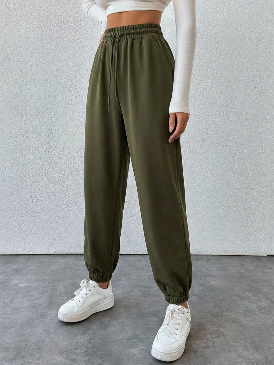 Cottnline Women Sweatpants Gym Sports Army Green Autumn Athleisure - Olive Green - View 1