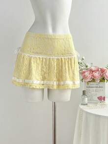 Elamini Chân váy ren hoa buộc dây bên hông dành cho nữ - Màu vàng - Xem 3