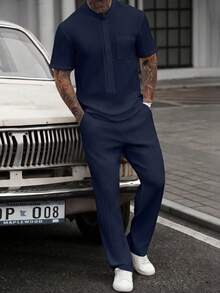 Manfinity CasualCool Traje casual formal de hombre de unicolor con camisa de manga corta de un solo botón y pantalones - azul real - Ver 3