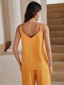 Anewsta Trang phục đi nghỉ hè mới dành cho nữ, kiểu dáng giản dị, thoải mái theo phong cách Pháp, áo tank top cổ chữ V móc len thủ công với dây đeo mảnh. - Màu vàng - Xem 4