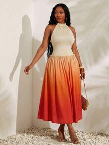 Radiana 大码女士优雅性感度假系列荷叶边吊带渐变印花修身摆裙，适合海岛度假、旅行、宴会、派对、聚会等场合。 - 橘色 - 查看 4