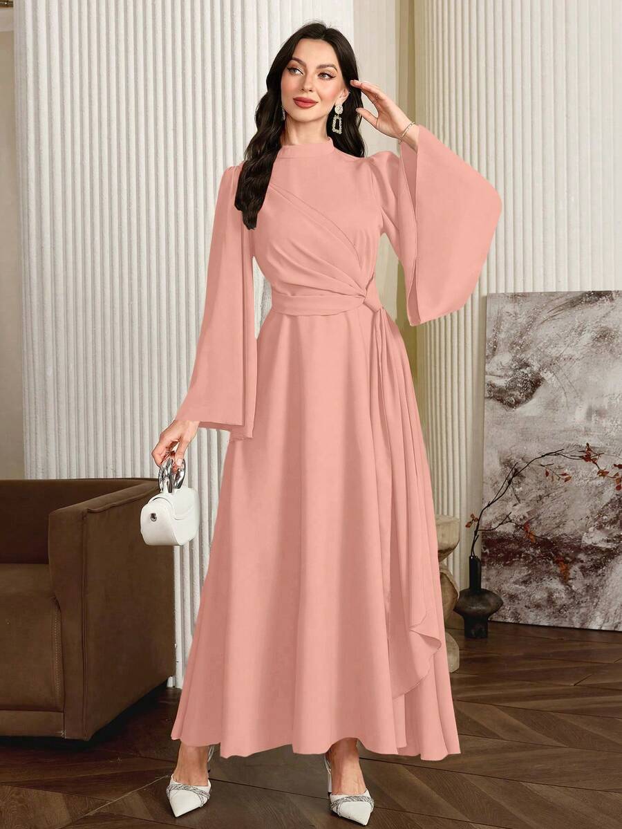 Modelyn 女士优雅纯色喇叭袖阿拉伯连衣裙，秋季长款晚礼服 - 粉色 - 查看 1