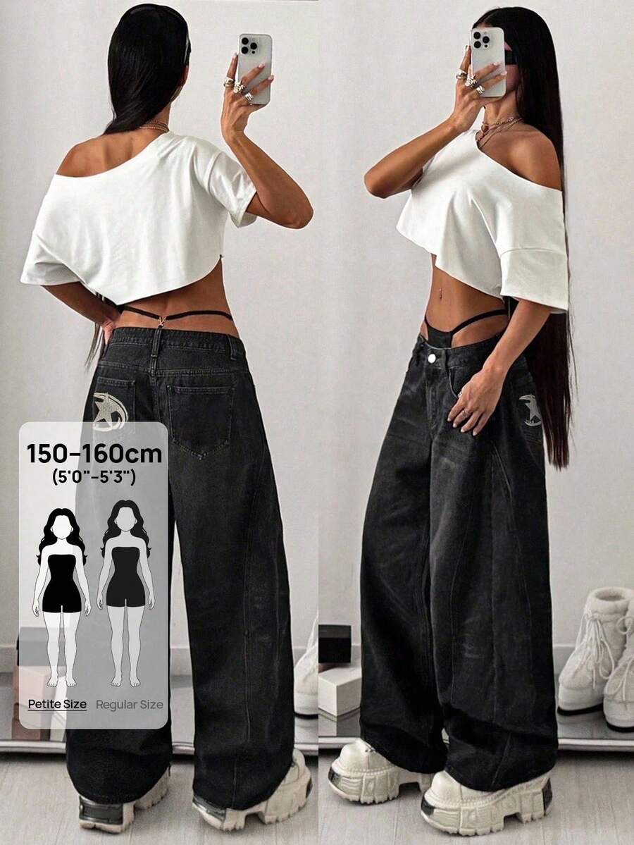 SHEIN PETITE Women's Pentagram Pocket Wide Leg Loose Fit Jeans Pants - Black - View 1