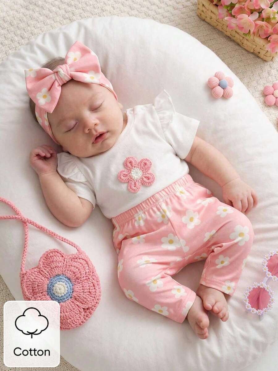 SHEIN 0-9M Newborn Baby Girl Summer Outfit Cute White Round Neck Short Sleeve T-Shirt And Floral Pants Set Sweet Infant Comfortwear For Baby Shower - Pink - View 1