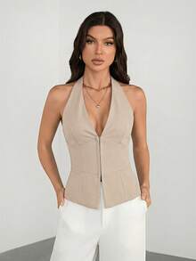 Tall Blazer casual de mujer de color negro sólido con cuello en V, chaleco de traje tejido, atuendo sexy de sirena de oficina, vintage, de maestra, para otoño, traje de oficina para mujer - Caqui - Ver 6