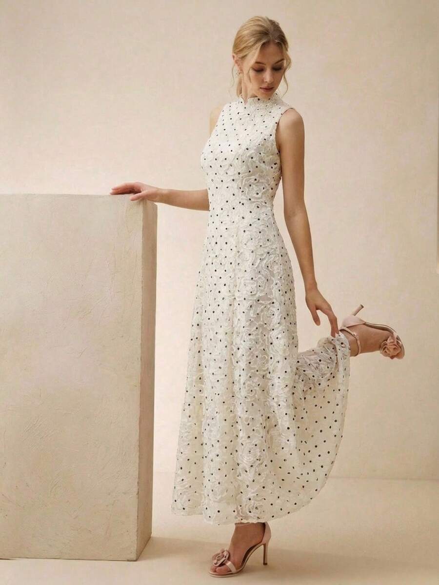 Anewsta 女士夏季优雅波点印花无袖A字中长连衣裙，白色。适合度假、日常穿着、通勤和约会。 - 杏色 - 查看 1