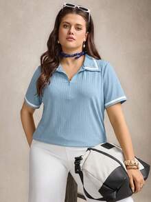 Comfylo Plus Size Polo Collar Top,Light Blue Half-Zip Knit T-Shirt,Turndown Collar Short Sleeve,Elastic Fabric,Sommar Smart Casual,Hiking,Contrast Cuff,Loose - Blue - View 3