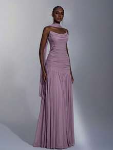 Elitara 优雅简约高弹网纱无肩带褶皱腰A字连衣裙，适合约会、单身派对、婚礼、正式活动、宴会礼服等场合。 - 藕粉色 - 查看 8