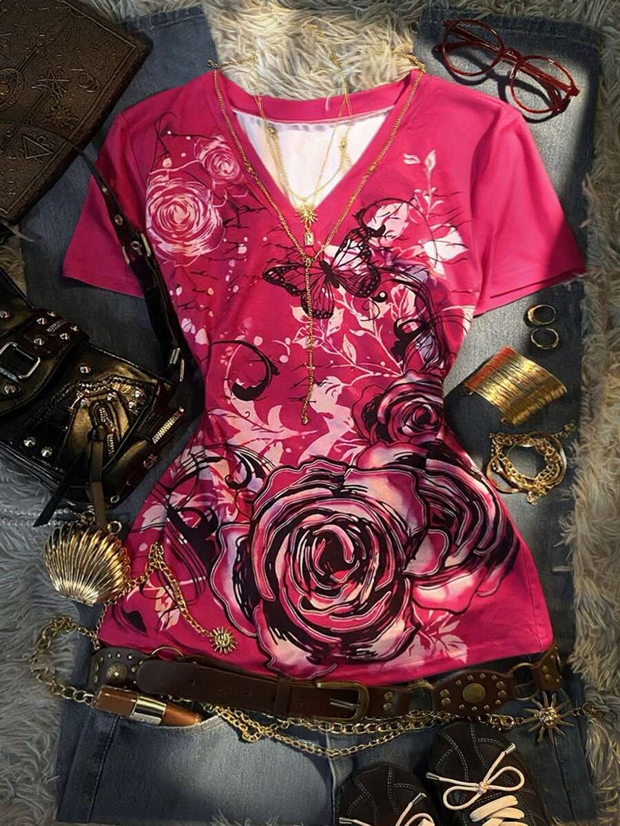 Glimmora Áo thun nữ cổ chữ V phong cách đường phố thập niên 2000, kiểu hippie, punk, gothic, thích hợp cho đi làm hàng ngày, lễ hội âm nhạc và mùa tựu trường. - Nhiều màu - Xem 1