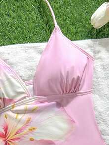 SHEIN Bộ đồ bơi hai mảnh tankini dây mảnh in hoa màu vàng dành cho thiếu nữ, thích hợp cho kỳ nghỉ hè ở bãi biển, trang phục đi biển lúc hoàng hôn, đồ bơi hoa hồng màu hồng cho bé gái, đồ bơi mùa hè cho kỳ nghỉ hè. - Màu vàng - Xem 3