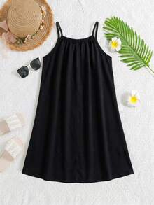 SHEIN Sparklyn Summer Outfits Girls (Small) Floral Print Casual/Holiday A-Line Camisole Dress - Black - View 2