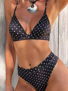 Swim SXY Bộ bikini hai mảnh in chấm bi dành cho nữ - Đen và trắng - Xem 4