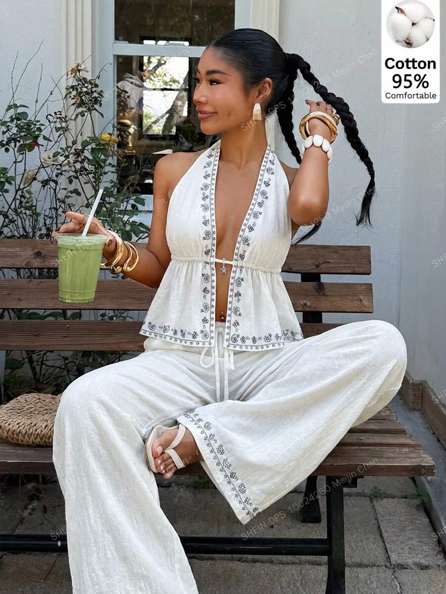 Muchica 2PCS Women's Summer White And Blue Printed Sleeveless Top With Star Embellishment On The Front; Backless Halter Casual Set With Ruffles; Women's Holiday Wear; Women's Summer Beach Wear; Women's Country Resort Wear. - White - View 1