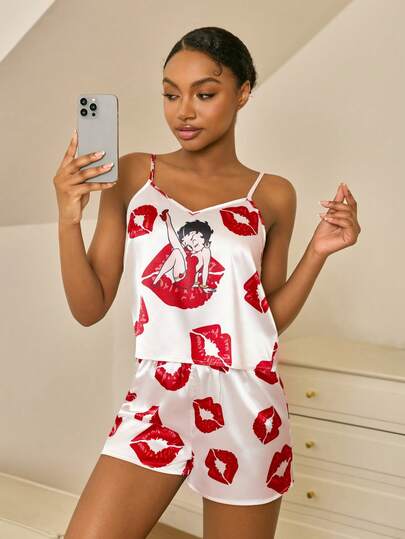 Betty Boop x SHEIN 女士唇印吊带背心和短裤睡衣套装