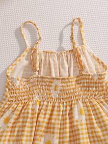 Tween Girl Daisy Pattern Plaid Print Bow Tie Camisole And Casual Pants Set - Yellow - View 7