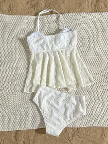 SHEIN Tween Girls Jacquard Knit Halter Neck Tankini Top & Bottoms Swimsuit Set - Apricot - View 2
