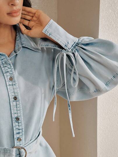  Anewsta New Fashion Vacation Casual Vintage Collar Lantern Sleeve 65% Tencel Design Cinched Waist Elegant Blouse For Women