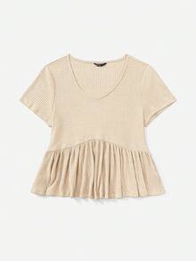 SHEIN VCAY Plus Size Casual Solid Color Short Sleeve T-Shirt, Summer - Apricot - View 3