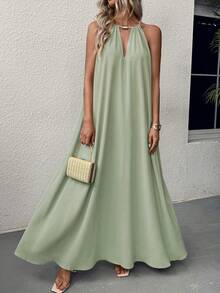 Balvessa Women's Solid Color Simple Daily Wear Swing Neck Halter Dress Maxi Vacation Beach Outfit - Mint Green - View 5