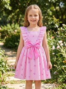 SHEIN Vintaside Kids Đầm bé gái tay loe cổ vuông kẻ sọc dọc, điểm nhấn nơ 3D, họa tiết bướm khắp thân đầm, kiểu Pháp tươi tắn và ngọt ngào, dáng rộng thoải mái, thích hợp cho mùa hè. - Hồng - Xem 4