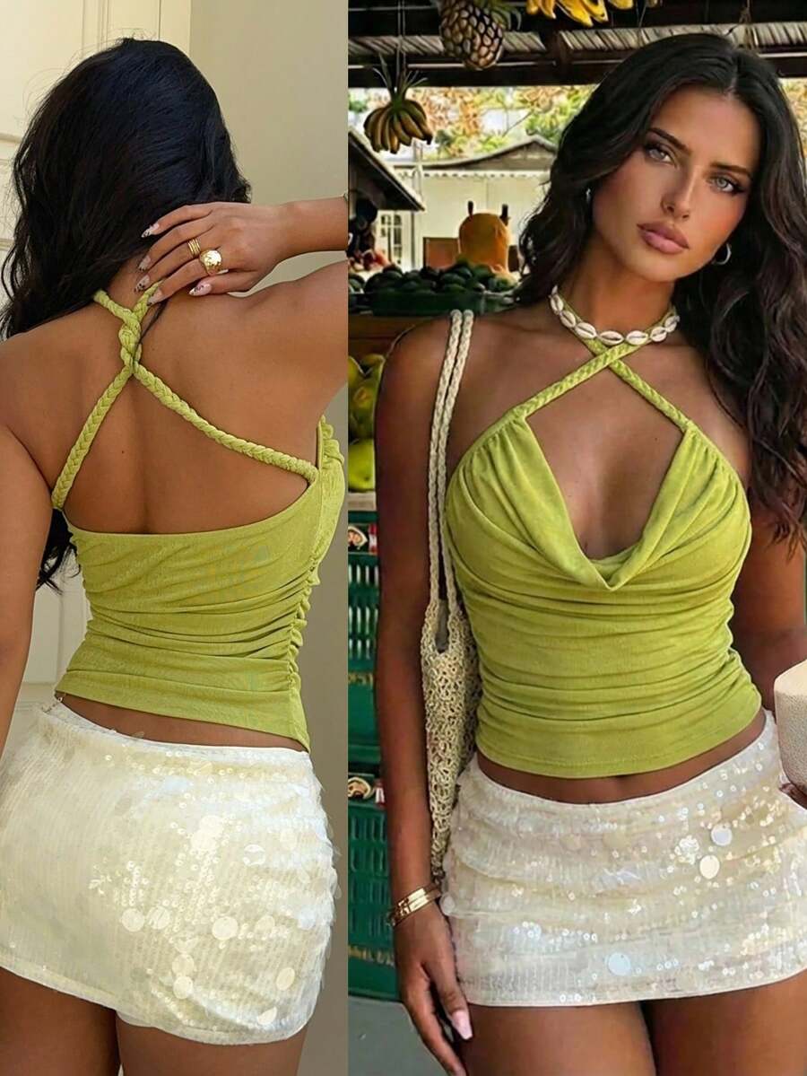 Aloruh Áo camisole ôm sát cổ xếp ly, trang trí bện dành cho nữ - màu xanh lá - Xem 1