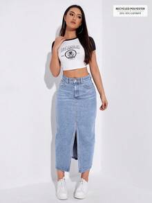 EMERY ROSE 大码纯色开衩腰带环休闲夏季牛仔迷你裙 - 藍色 - 查看 4