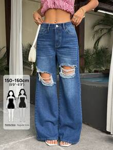 SHEIN PETITE 女士休闲水洗做旧直筒牛仔裤 - 深色水洗藍 - 查看 1