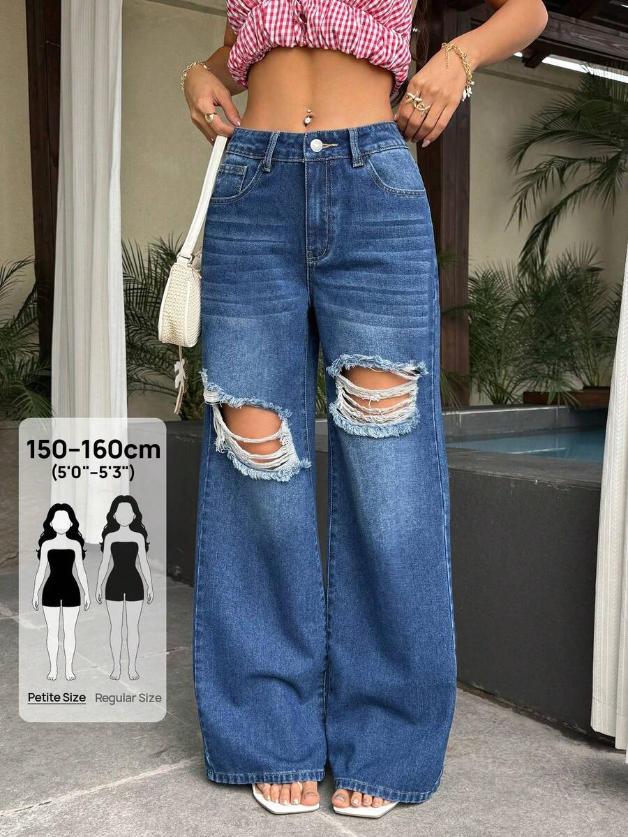 SHEIN PETITE 女士休闲水洗做旧直筒牛仔裤 - 深色水洗藍 - 查看 1
