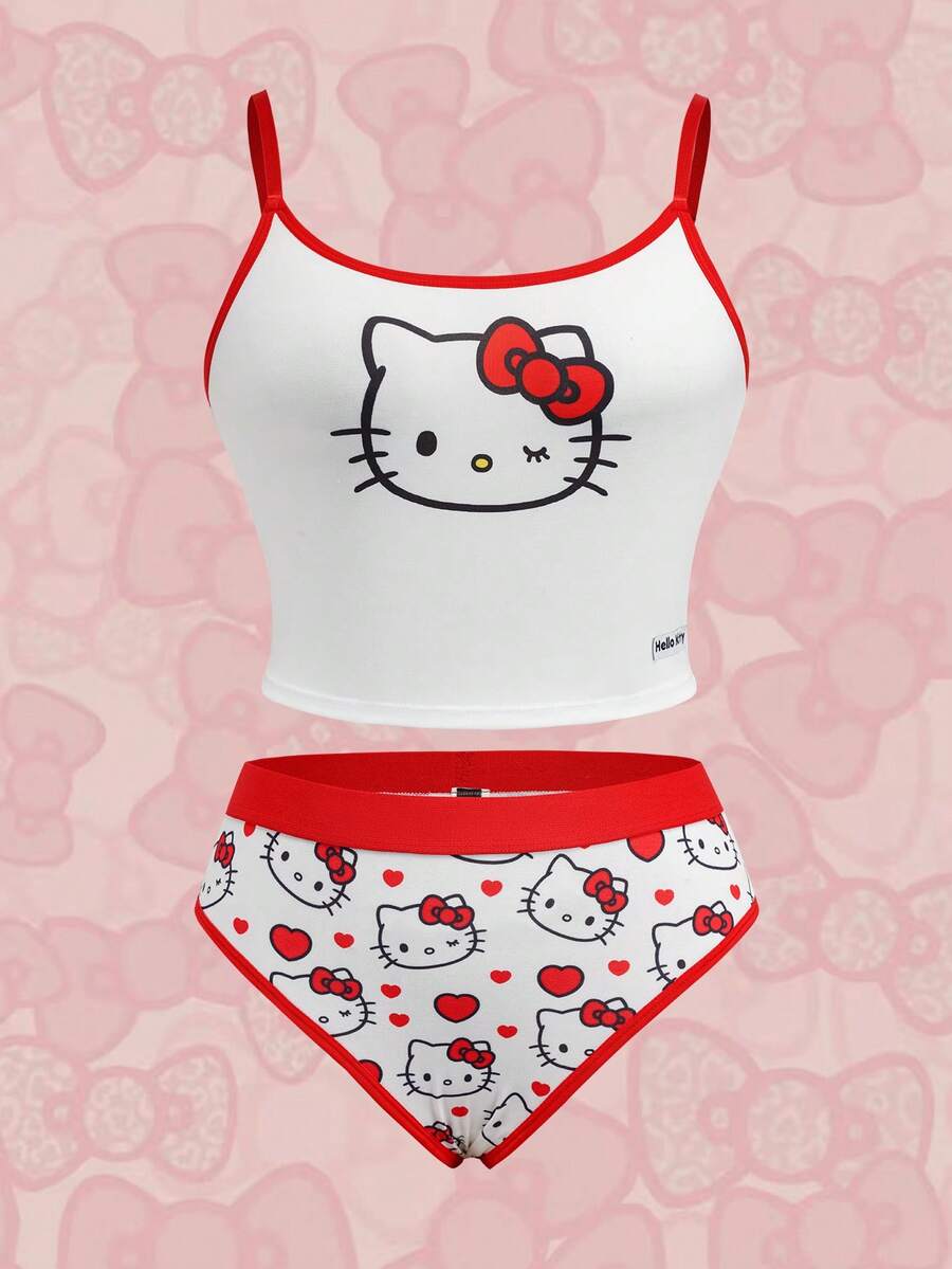 HELLO KITTY AND FRIENDS | SHEIN 女士卡通印花吊带文胸套装 - 紅白色 - 查看 1