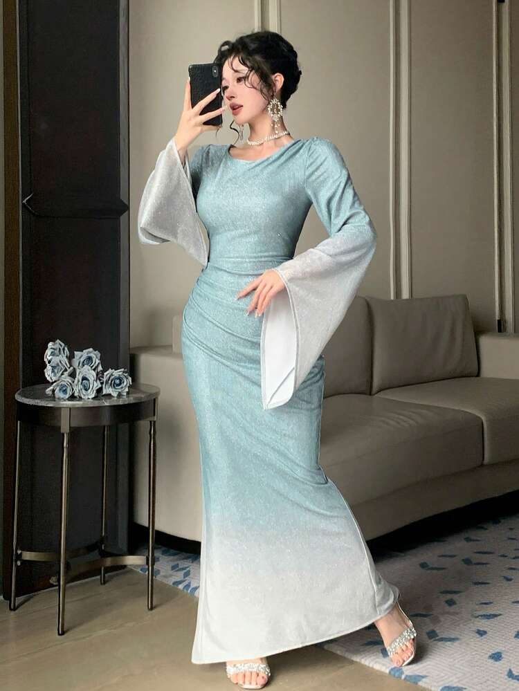 Spring & Summer Shiny Valentine's Day, Wedding, Banquet, Prom Dress, Fashion Party Elegant Waist Gradient Tie Dye Flare Sleeve Mermaid Dress, Luxury